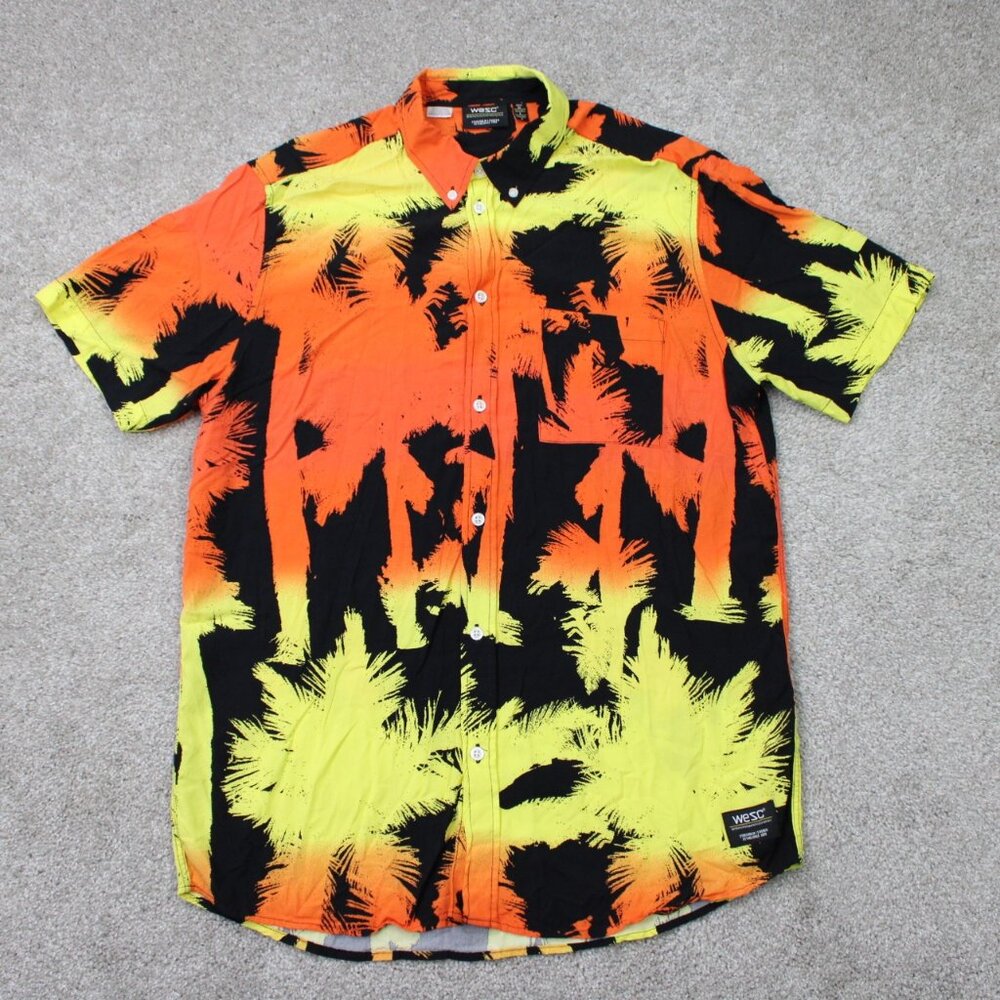 WESC Hawaiian Shirt Mens Medium Orange/Yellow Oden Gradient Palm S/S Button Down
